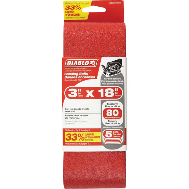 SANDING BELT 3" X 18" #80 DIABLO 5PCS DCB318080S05G RED