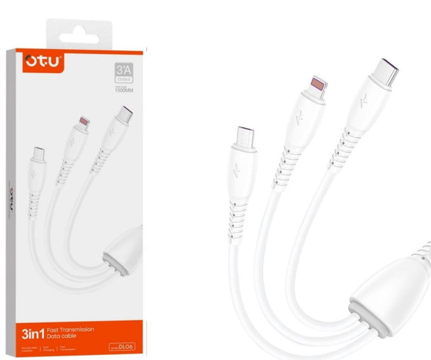 CHARGER CABLE USB 3IN1 OTU DL06 1200MM TYPE-C MICRO LIGHTING 3A FAST TRANSMISSION DATA CABLE