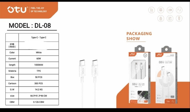 CHARGER CABLE USB OTU DL08 1000MM TYPE-C TO TYPE-C  60W FAST CHARGING DATA CABLE