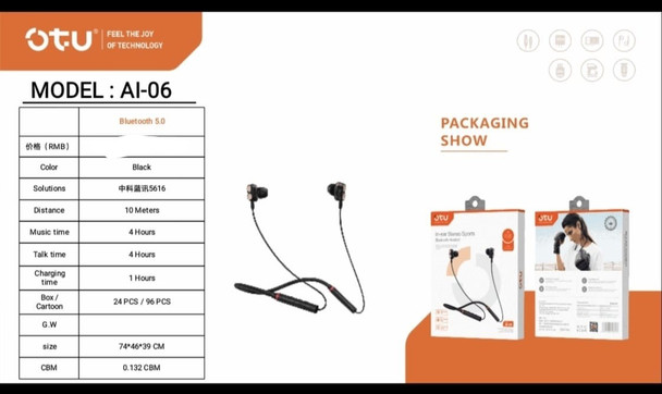 HEADPHONES NECK OTU AI-06 IN-EAR STEREO SPORTS HANGING NECK BLUETOOTH EARPHONE