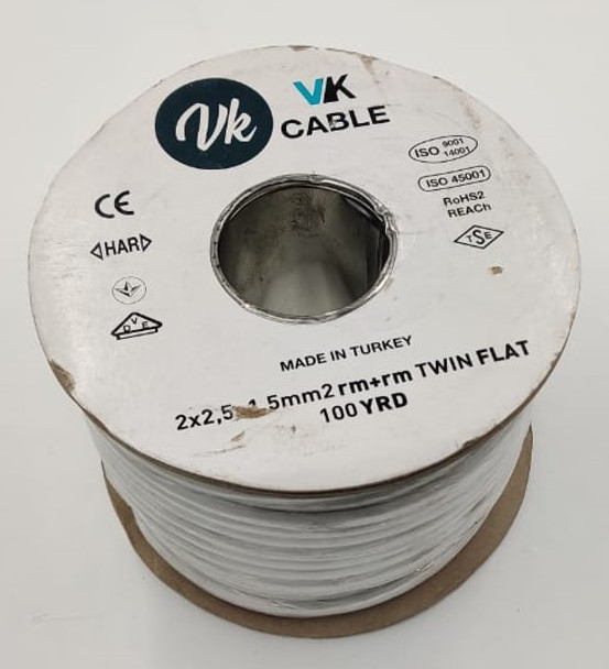 CABLE 2.5MM 2CORE FLAT TURKEY VK WITH EARTH 100YDS ROLL