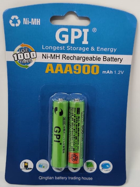 BATTERY GPI RECHARGEABLE AAA 900MAH 2PCS PACK NI-MH