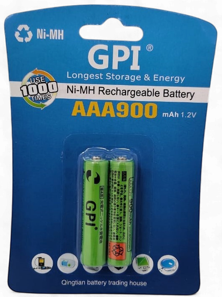 BATTERY GPI RECHARGEABLE AAA 900MAH 2PCS PACK NI-MH