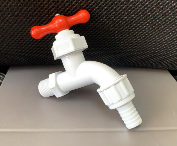 BIB CORK 1/2" PLASTIC WHITE/RED W/HOSE ADAPTOR