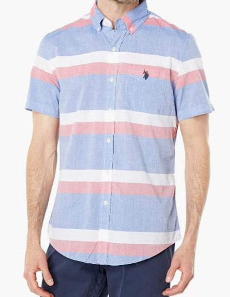 Men Shirt Short Sleeve Button Down US Polo Blue/Pink Stripe