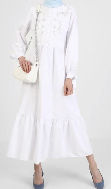 Dress White Tie Sleeve Embroidered
