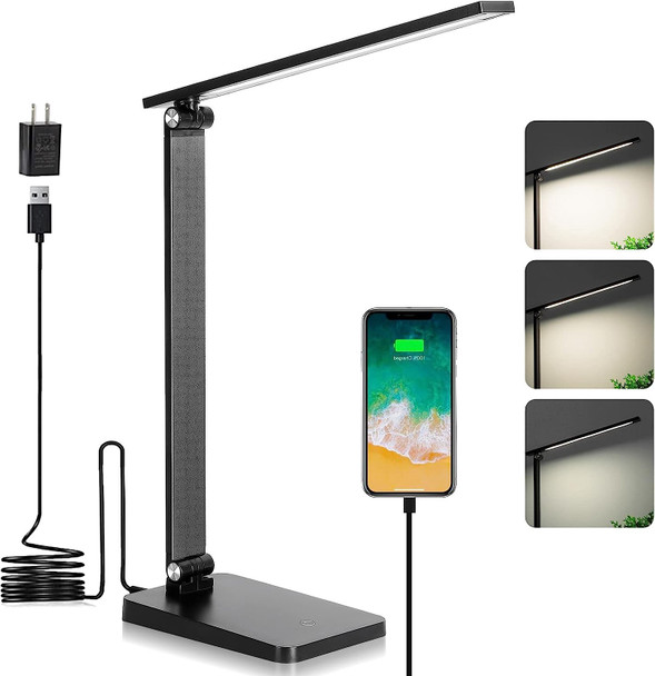 Desk Lamp LED Black USB Charging Port