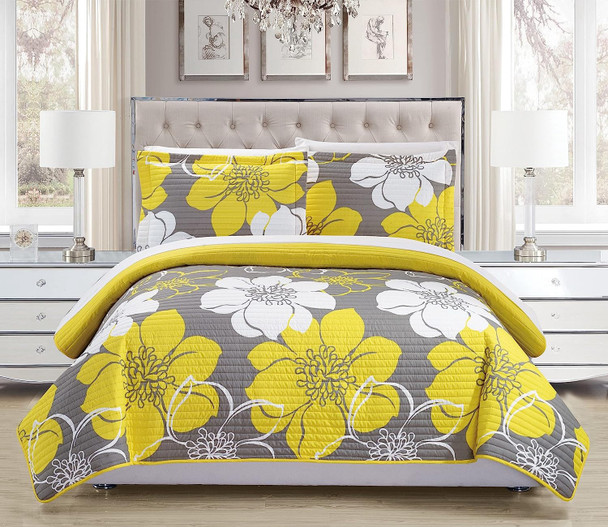 Quilt Set Floral Queen Grey Yellow w/ 2 shams
