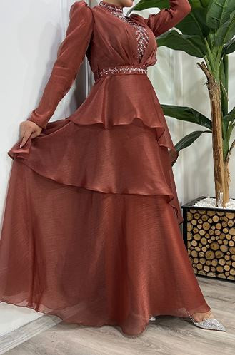 Dress Evening Organza Rust / Silver / Sage