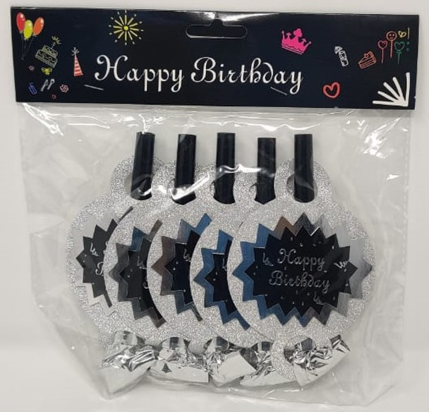 PARTY FAVORS BLOWOUTS WITH HAPPY BIRTHDAY SILVER & BLACK 5PCS PACK A1427