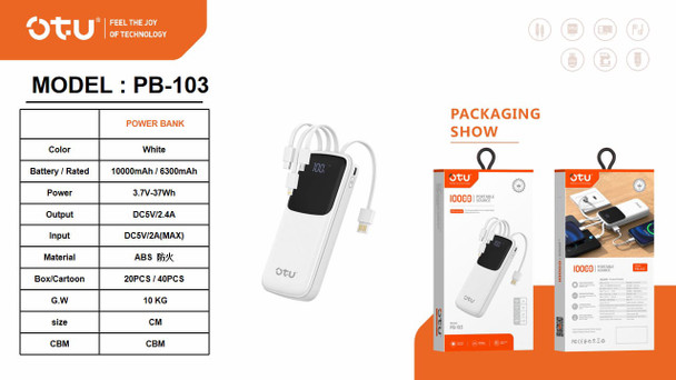 POWER BANK OTU PB-103 10,000MAH PORTABLE SOURCE MOBILE POWER SUPPLY