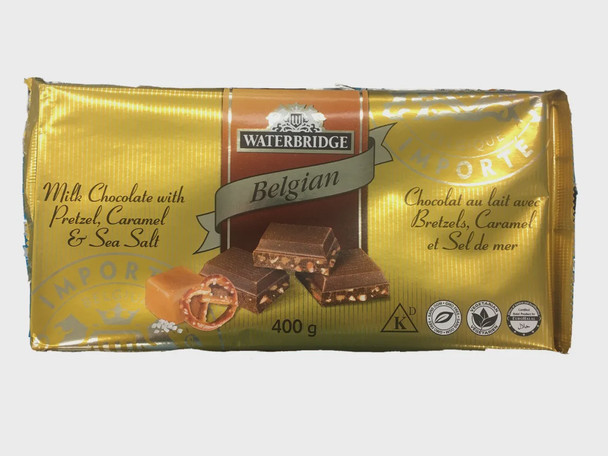 WATERBRIDGE BELGIAN MILK CHOCOLATE WITH PRETZEL CARAMEL & SEA SALT 300g