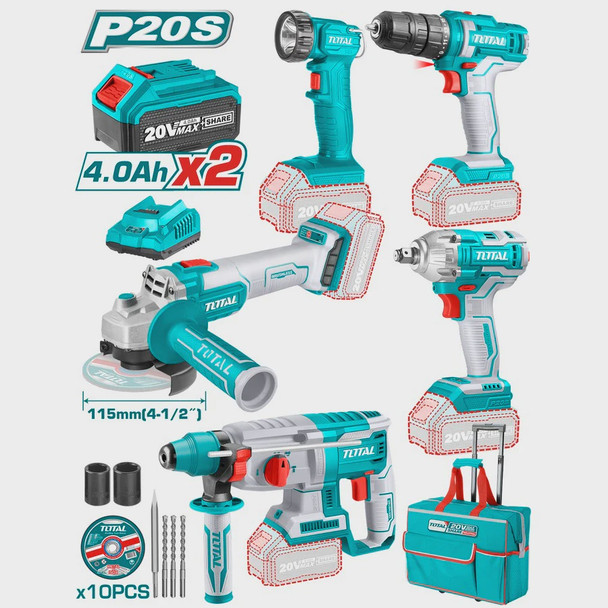 DRILL GUN + ANGLE GRINDER + LAMP TOTAL UTCKLI2019 5-PCS COMBO KIT 20V LITHIUM ION