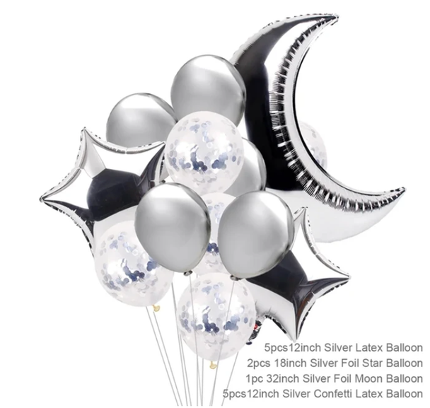 Eid / Ramadan Balloon White & Silver With Foil Moon & Star 13pc
