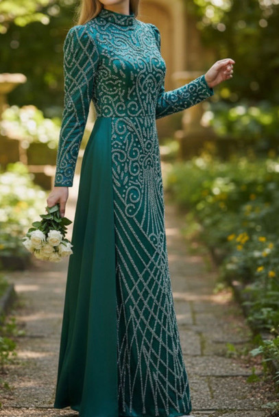 Dress Evening Occasion Satin Beaded Emerald / Mauve