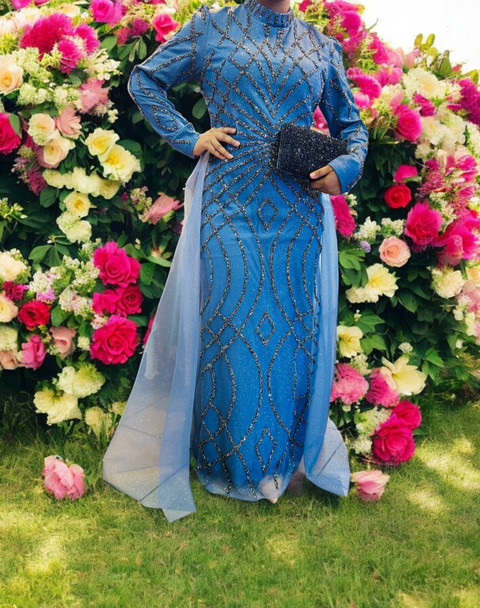 Dress Evening Occasion Organza Beaded Blue / Black / Taupe