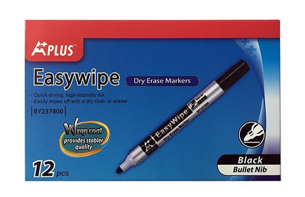 STATIONERY WHITEBOARD DRY ERASE MARKER BEIFA A+ PLUS BLACK EASYWIPE BY237800 BULLET NIB 12PCS BOX
