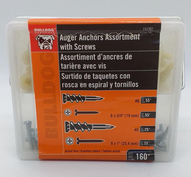 AUGER ANCHORS ASSORTMENT WITH SCREWS 160PC BULLDOG #151302