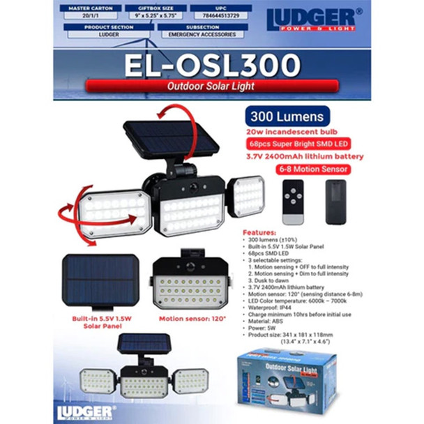 LAMP LED SOLAR MOTION SENSOR LUDGER EL-OSL300 SOLAR LIGHT