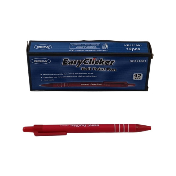 STATIONERY PEN BEIFA EASYCLICKER KB121001 RED BALL POINT 12PCS BOX