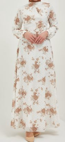 Dress Lined Chiffon Floral White / Brown / Black