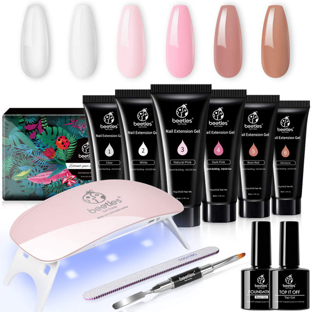 Nails Beetles Poly Extension Gel Kit Nail Builder Gel Nail Enhancement Trial Kit Professional Nail Technician All-in-One French Kit with Mini Nail Lamp for Nail Art Starter Kit