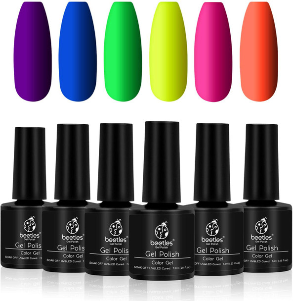 Nails Polish Set Beetles Neon Gel Neon Orange Hot Pink Blue Yellow Green Purple 6 Colors Soak Off LED Gel Nail Kit