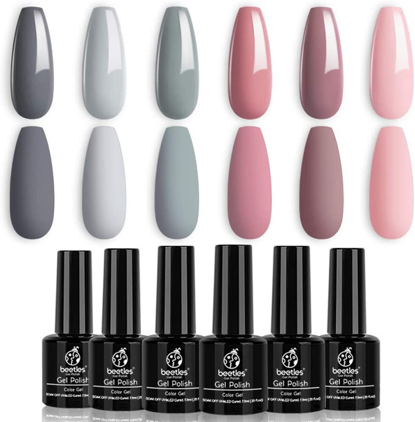 Nails Polish Set Beetles BRIDESMAID BEAUTY Classic Gel Nail Polish Set - Nude Gray Pink 6 Colors Gel Polish Kit Popular Nail Art Design Soak Off LED Lamp Nail Polish Gel Manicure Kit Holiday Git Set