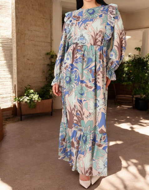 Dress Plus Lined Floral Blue Taupe Navy