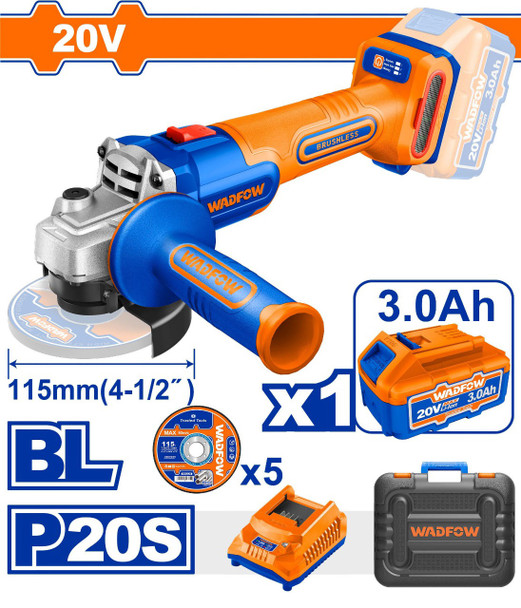 ANGLE GRINDER WADFOW UWLAP522 CORDLESS LITHIUM-ION BATTERY 20V