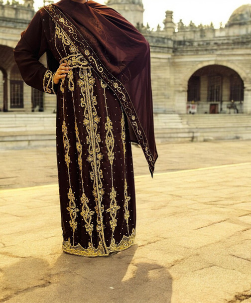 Gown Beaded Kaftan Stonework Chocolate  / Peach