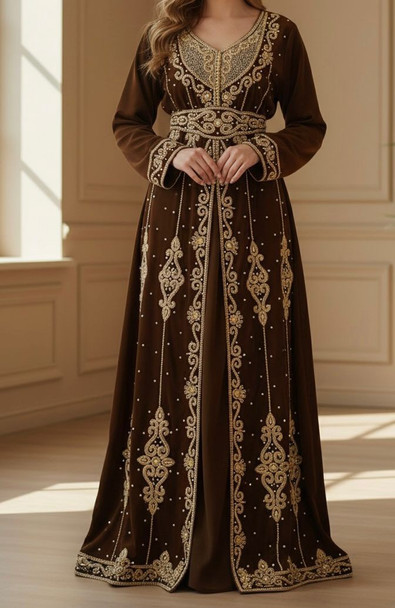 Gown Beaded Kaftan Stonework Chocolate  / Peach