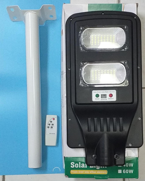SOLAR LIGHT 60W DOUBLE PRIVATE STREET LAMP 1960A WITH REMOTE AND METAL POLE”