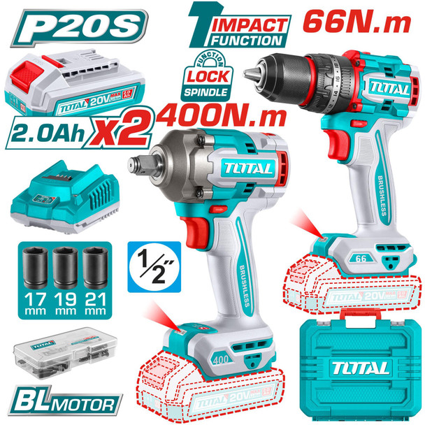 DRILL GUN TOTAL UTCKLI20275 2PCS COMBO KIT 20V LITHIUM ION
