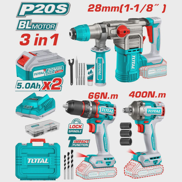DRILL GUN ROTARY + WRENCH + IMPACT TOTAL UTCKLI20638 3PCS COMBO KIT 20V LITHIUM ION