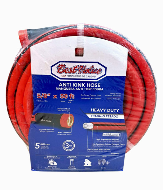 HOSE 5/8" X 50FT BEST VALUE RED ANTI KINK HEAVY DUTY ROLL #J02MR650
