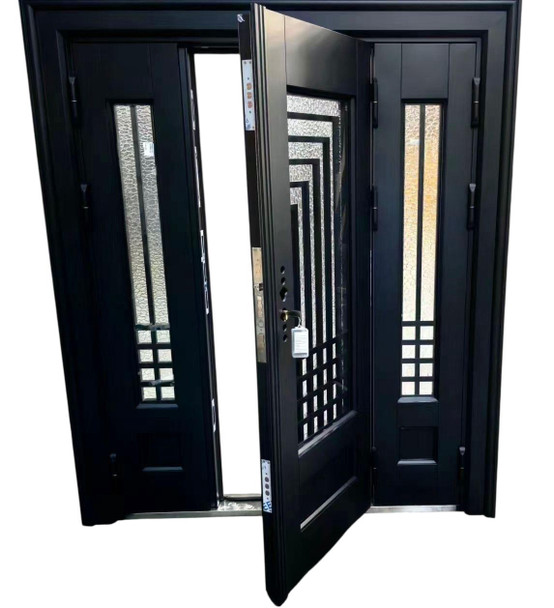 DOOR METAL BLACK W/GLASS WITH 2 GLASS SIDE PANELS 2050X1600X70MM