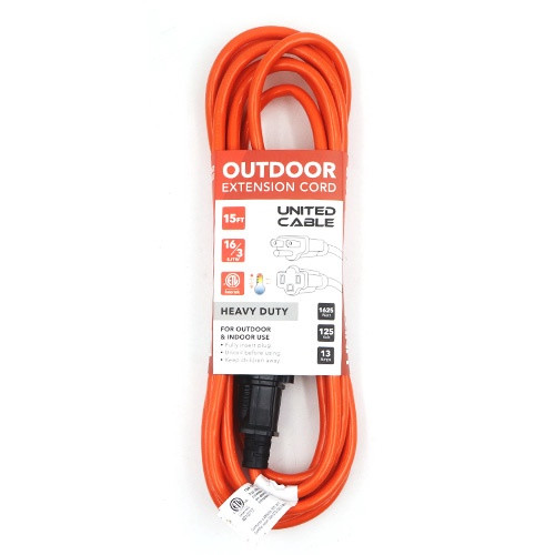 EXTENSION CORD OUTDOOR 15FT UNITED CABLE ORANGE HEAVY DUTY UCU201PRO-15FT