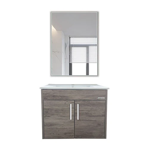 BATHROOM WALL HUNG CABINET WOLLATON WOODGRAIN WITH MIRROR 2 DOORS PVC 23"X18"X19" GNC-DC14WO24H