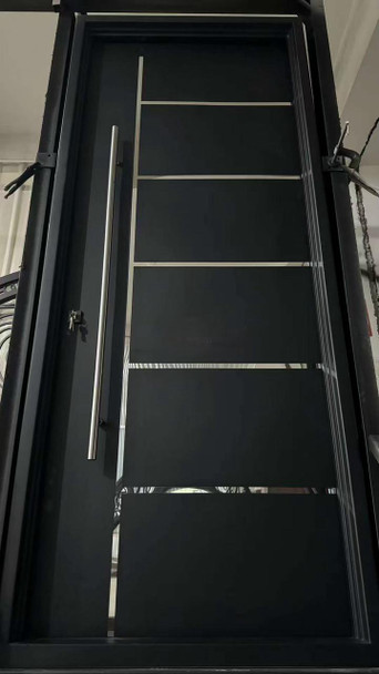 DOOR METAL SINGLE BLACK METAL HEAVY W/STAINLESS STEEL STRIP BARS 2050X960