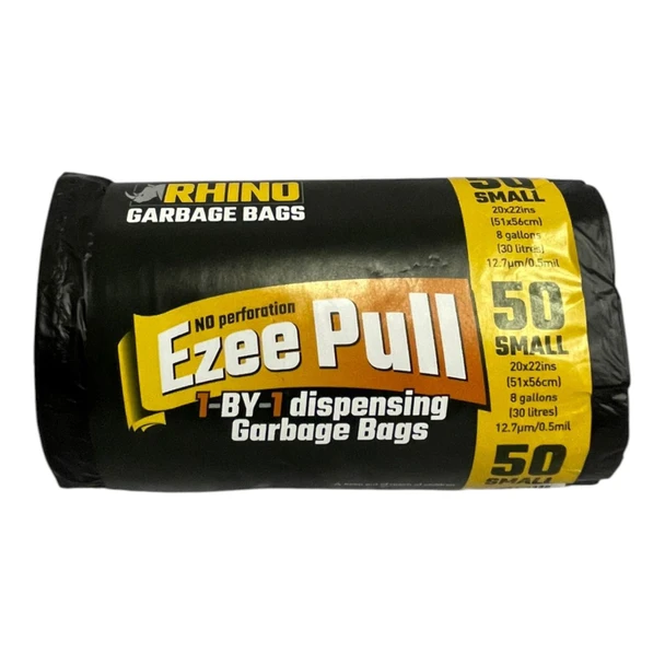 BAGS GARBAGE RHINO BLACK EZEE PULL 50PCS SMALL ROLL 20X22"