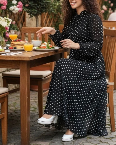 Dress Print Lined Polka Dots Black  / Blue