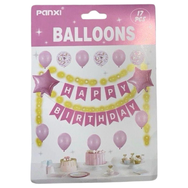 PARTY BALLOONS 17PCS PACK HAPPY BIRTHDAY PINK QQTZ-3522/Y46