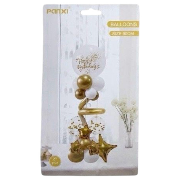 PARTY BALLOONS 27PCS PACK HAPPY BIRTHDAY WHITE AND GOLD QQTZ-3529/Y46