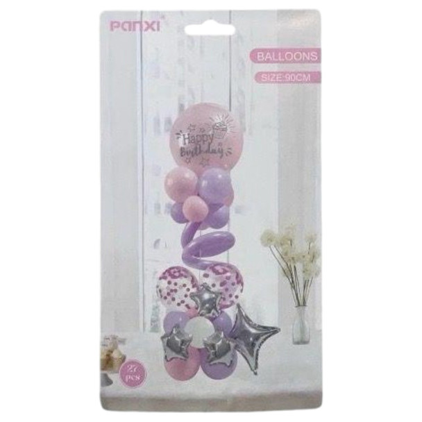 PARTY BALLOONS 27PCS PACK HAPPY BIRTHDAY PINK AND PURPLE QQTZ-3530/Y46