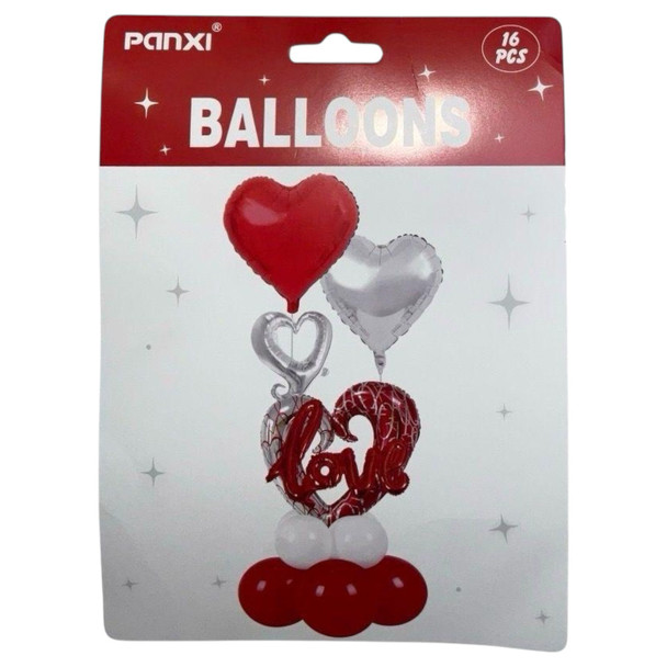 PARTY BALLOONS 16PCS PACK LOVE AND HEARTS RED AND SILVER QQTZ-3533/Y46