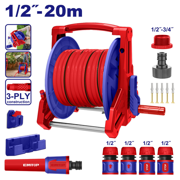 HOSE REEL WITH HOSE AND ADAPTER SET EMTOP EHHR20124 20M 1/2"