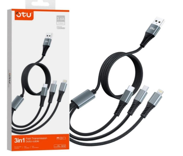 CHARGER CABLE USB 3IN1 OTU DL302 1200MM TYPE-C MICRO LIGHTING 3.6A FAST TRANSMISSION DATA CABLE