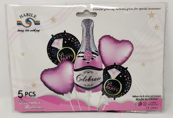 PARTY BALLOONS 5pcs Pack Wine & Hearts Balloon Set with Happy Birthday in Pink and Black TZ-J5004