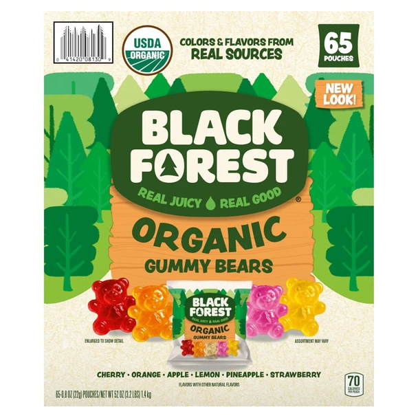 BLACK FOREST USDA ORGANIC GUMMY BEARS 65 POUCKES 0.8 oz EACH CONTAINS GELATIN